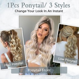 MSMUSAS Drawstring Ponytail For Women 22 Inch Long Wavy Ponytail Extension Synthetic Drawstring Pony Tails Hair Extensions(Natural Blonde)