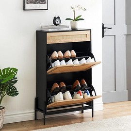 2 Flip Drawers Shoe Storage Cabinet with 1 Drawer, Rattan Shoe Organizer with Metal Legs, Freestanding Narrow Shoe Rack Cabinet for Entryway, Oak Wooden Installation:_black
