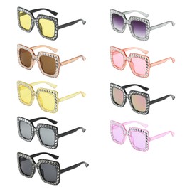 9 Pairs Women Oversized Square Sunglasses Diamond Glitter Retro Thick Frame Sunglasses Disco Sunglasses 70s 80s 90s Rhinestone Crystal Sunglasses Large Square Sparkling Glasses Thick Frame