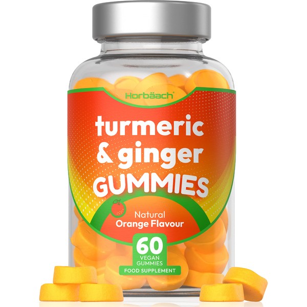 Turmeric and Ginger Gummies | 60 Vegan Gummies in Natural Orange Flavour | Chewable Turmeric Curcumin Supplement - Tablet Alternative | by Horbaach
