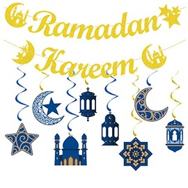 Ramadan Kareen Bunting Banner Gold Ramadan Mubarak Decorations Star Moon Lantern Hanging Streamers Ceiling Foil Swirls for Muslim Islamic Ramadan Kareem Eid Party Decoration Pre-Strung