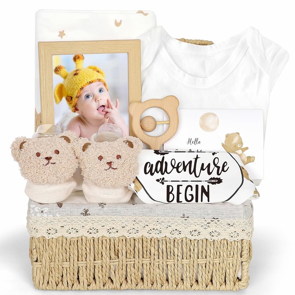 iAOVUEBY Baby Gift Set for Newborn, Baby Shower Gifts for Girls Boys, Unique Baby Gifts Basket with Infant Swaddle Blanket Wooden Rattle Keepsake Baby Onesie Bibs Socks, New Born Baby Gift Essentials