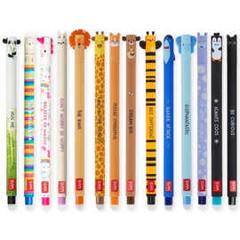 LEGAMI Legami, Set mit 14 radierbaren Gelstiften mit thermosensitiver Radier-Tinte, verschiedene Tintenfarben und Gehäusedesigns, 0,7 mm Spitze, Tiermotive