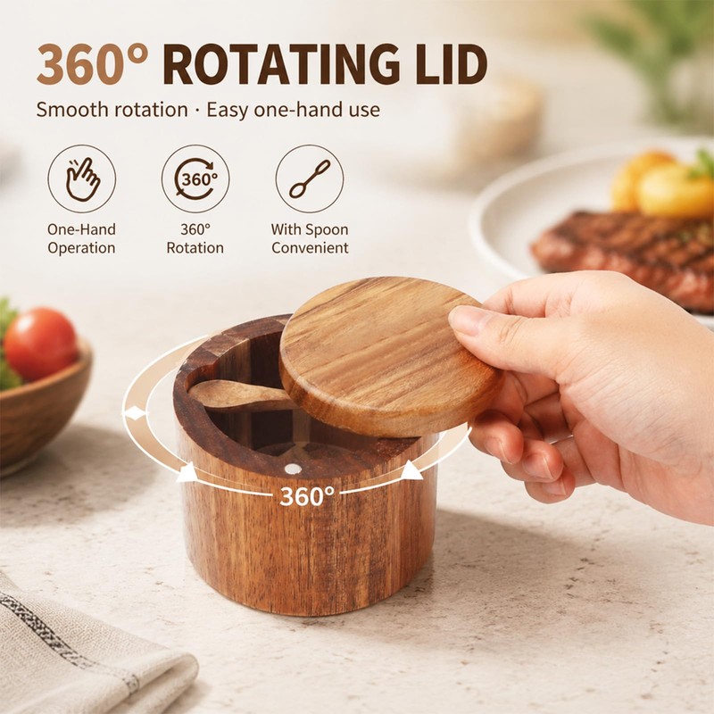 Salt Cellar, Acacia Wood Salt Container with Built‑in Spoon &