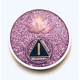 Generic 1 Year AA Medallion - The Lotus Purple Medallion Glitter, Bling, Alcoholics Anonymous 38mm, Chip, Token, Coin