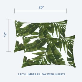 LVTXIII Set of 2 Patio Lumbar Pillows, 12”x20” Fade Resistant Outdoor Lumbar Pillow with Inners, Fluffy Decorative Garden Lumbar Cushions for Home Patio Coach Sofa Use, Palm Green