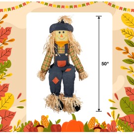 Gift Boutique Large Thanksgiving Sitting Scarecrow Decor, 50" Male Boy Sitting Scarecrows Deluxe Holiday Indoor Outdoor Fall Decoration for Autumn Harvest Home Porch Yard Garden Fireplace Mantle