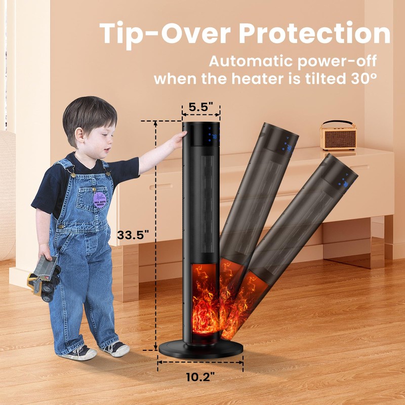 Portable 1500W Space Heater with Fireplace,70° Oscillating PTC Ceramic Tower