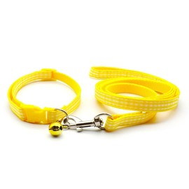 Doggie Style Store Small Dog Puppy Pet Collar and Lead Set Check Design Nylon Adjustable Size 19-32cm Collar with Bell and 120cm Leash Yellow