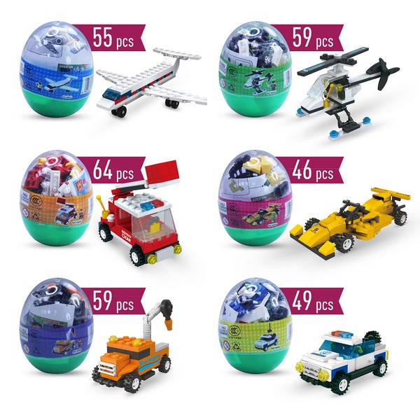 Easter eggs filled with Building Brick blocks toys. 6 eggs each have different shape bricks and instructions to build an Airplane, police car, fire truck, helicopter, race car & construction car