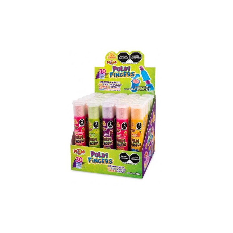 Polvi Fingers 30 piezas, Caramelo Macizo con Polvo Acidulado, Sabores