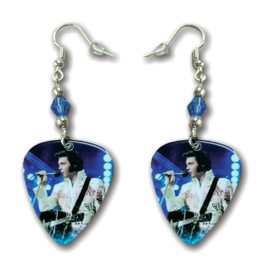 Elvis Presley Wearing White Jumpsuit With Blue Background Guitar Pick Earrings With Blue And Silver Accent Beads - Mid-South Products