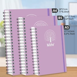 Mlife A5 Notebook Lined 300 Pages,Wirebound Spiral Notepad Multi-Coloured, Waterproof Hardcover with Life Tree Print,100gsm Thick Paper,Writing Journal for Women Men, 14.5 * 21cm- Purple