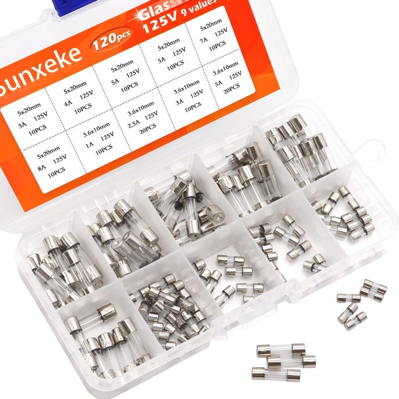 Sunxeke 120Pcs 9 Values 125V Fast Blow Glass Fuses Assortment