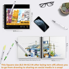 Watercolour Sketchbook, Ohuhu 8.9"×8.3" Mix Media Paper Pad, Mixed Media Sketchbook for Wet or Dry Media, 120 LB/200 GSM Heavyweight Papers 62 Sheets/124 Pages, Spiral Bound Mix Media Pad for Acrylic, Watercolor, Pen and Pencil Painting