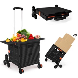 Foldable Utility Cart with Stair Climbing Wheels,Collapsible Rolling Crate with Magnetic Lid Telescopic Cover,Telescoping Handle,360° Rotate Wheel Hand Cart for Teacher Shopping Moving Grocery(Black)
