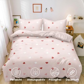 Boqingzhu Bed Linen Hearts 135 x 200 cm Pink Red White Heart Bed Linen Set Aesthetic Cute Romantic Microfibre 3D Duvet Cover Single Bed with Pillowcase 80 x 80 cm with Zip