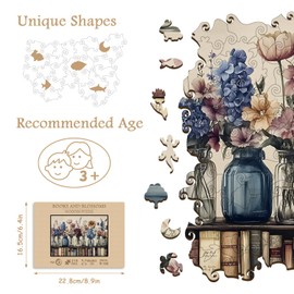 Wildflowers Wooden Puzzles for Adults, PICKFORU Retro Christian Jesus Book Wood Jigsaw Puzzle, Vintage Bookshelf Unique Shapes Puzzles as Art Decor