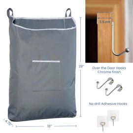 The Fine Living Co. Large Hanging Laundry Hamper with Over Door Hooks & Adhesive, Durable Space Saving Laundry Bag with Zipper and Wide Open Top, Hanging Dorm Laundry Hamper 18"x4.75"x28" (Grey-L)
