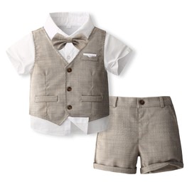 Volunboy Baby Boys' Suit, Summer Suit Vest Shirt with Bow Tie + Shorts for Festive Wedding Clothing Set 4-Piece, Deep Khaki