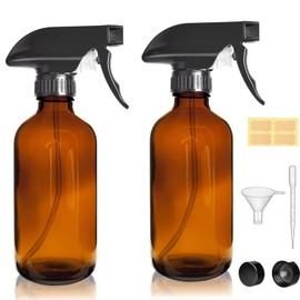 LANBEAUTIFY 8oz Amber Glass Spray Bottles - 2 Pack Empty Refillable Bottles for Cleaning, Hair Care, Essential Oils, Plants - Includes Durable Nozzle, Labels, Funnel & Dropper, Handheld Size