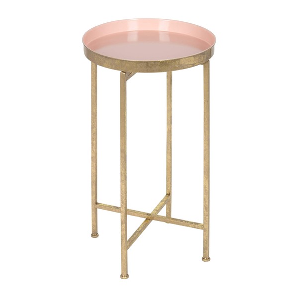 Kate and Laurel Celia Round Metal Foldable Tray Accent Table, Pink with Gold Base