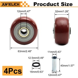 Juvielich 4Pcs 2.5 Inch Push Cart Wheels, Red PU Caster Wheels Bearings Repair Kits with 3/8" Axle, 2-1/2 in Replacement Wheels for Platform Trucks, Furniture, Workbench, Table Saw and Shelf
