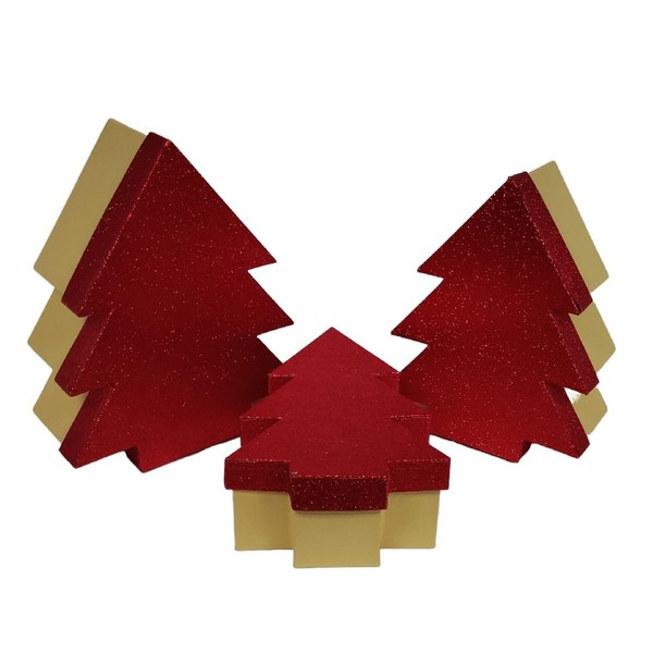 Set Of 3 Red Glitter Christmas Tree Shaoe Gift Boxes