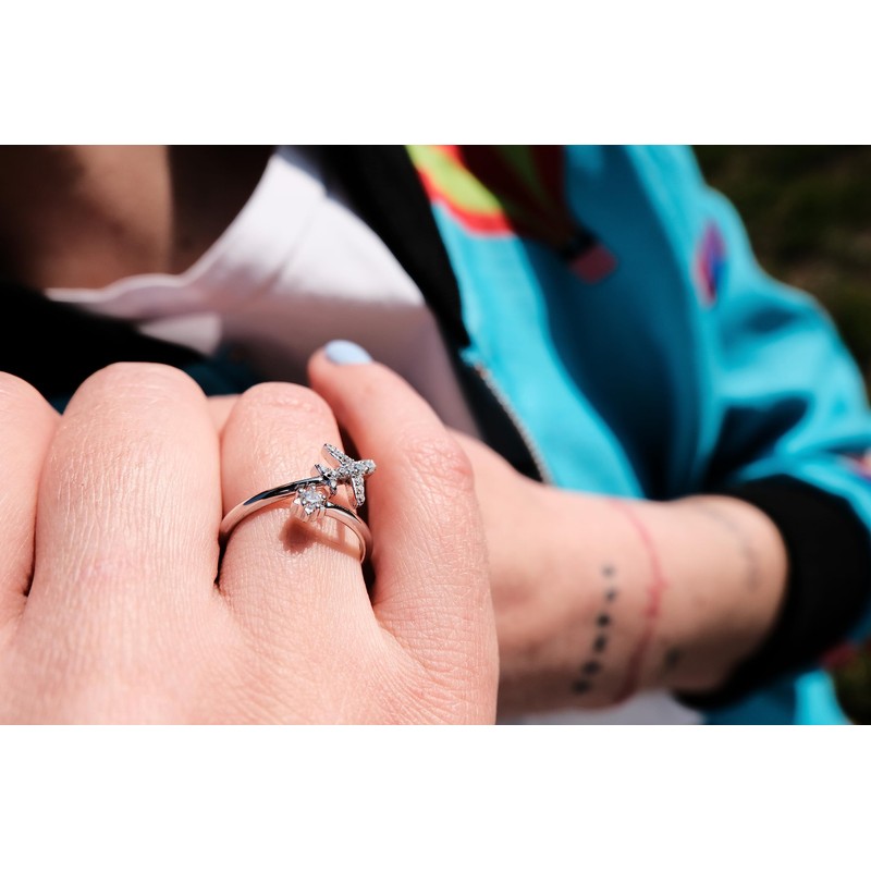 925 Sterling Silver Aeroplane Ring with Sparkling Zircons - High