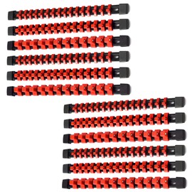 ALOANES 12 PC ABS Socket Organizer,1/2 inch, 3/8 inch, and 1/4 inch Drive Socket Rail Holders, Heavy Duty Socket Racks, Black Rails with Red Clips