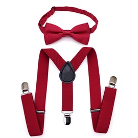 JZK Dark red kids bow tie and braces set for boys under 135cm, adjustable clip-on Y-shape suspenders with bowtie for little boy children for wedding, party, fancy dress