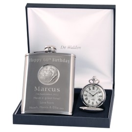 Engraved 60th Birthday Pewter Rugby Feature Mother of Pearl Pocket Watch and Hip Flask Gift Set