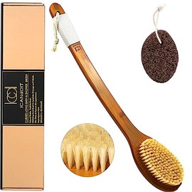 ICANdOIT - Cepillo de baño de mango largo antideslizante de cerdas de jabalí natural de 17.71 pulgadas, limpiador de ducha con mango doblado para exfoliar, cepillo de espalda de ducha, juego de