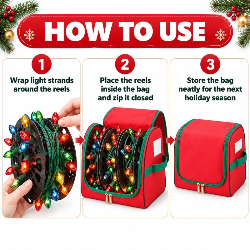 Christmas Lights Storage Bag with U-Shaped Zipper, Oxford Fabric Holiday