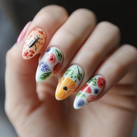 Cute Nails Short Press on Nails Almond Fake Nails Fruit Acrylic Nails Fruit Insects Colorful Flower Designs Acrylic False Nails Full Cover Glue on Nails Colorful Stick on Nails for Women