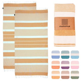 MOMOMUS Pack of 2 Fouta XL or Beach Towel Cotton 100% - Absorbent, Ultra Soft, Compact - Ideal as a Beach Towel, Hammam Towel and Sauna Towel - Mustard, 90 x 180 cm