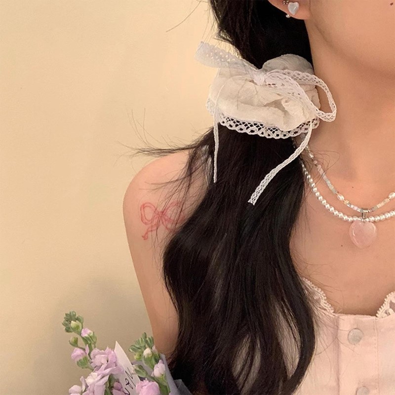 Iaceble Lace Bow Hair Scrunchie Off White Lace Hair Tie