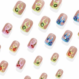 BABALAL Press on Nails Short Fake Nails Square Glue on Colorful Acrylic French Tip False Nails Fruit Art 24Pcs Squoval Glossy Summer Full Cover Artificial Nails for Women Girls kids