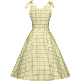 GownTown Women's 1950s V-Neck Adjustable Bowknot Swing Cocktail Dress Yellow Plaid
