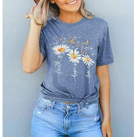 Womens Faith Hope T Shirts Summer Christian Daisy Graphic Tees Casual Butterfly Shirts Ink Blue,XL