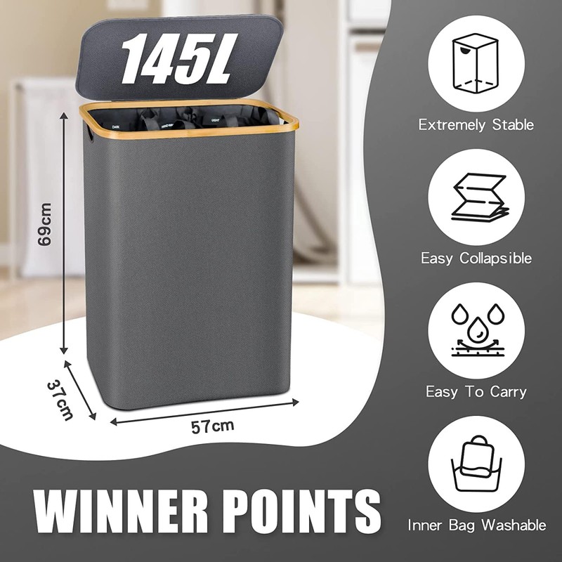 Laundry Hamper with Lid, 145L Extra Large Hamper 3 Section