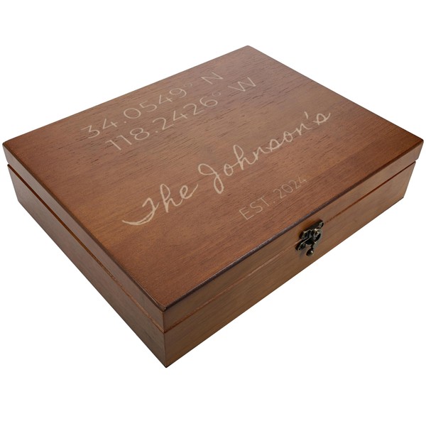 WE Games Personalized Coordinates Custom Wooden Box (Walnut Stain)- Decorative