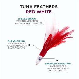 6" Tuna Feathers Red/White - 6 Pieces Saltwater Trolling Lures | Deep Sea Fishing Lures for Tuna, Mahi & Wahoo