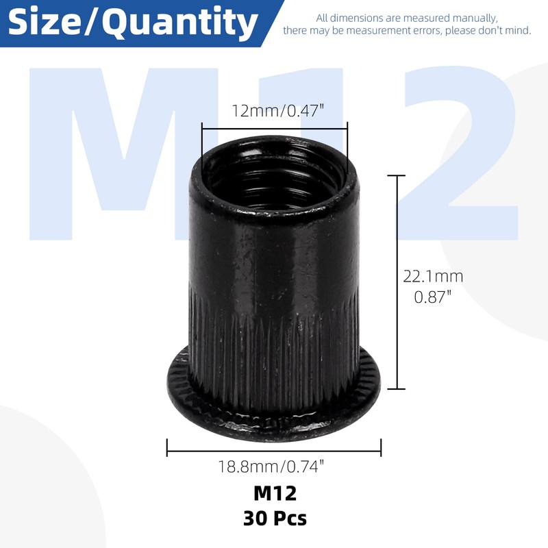 Glarks 30Pcs M12 Rivet Nuts - Carbon Steel Metric Flat