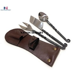 Medieval Cutlery Set with Leather Pouch Hand Forged Eating/Feasting Flatware Utensils Viking Style Kitchen Accessories Sets for Camping, Indoor & Outdoor