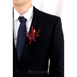 BENCENTRE Burgundy Boutonniere with Crystal Stone for Men, Groom Groomsmen Boutonniere, for Wedding Ceremony Anniversary Dinner Party Prom Flowers,Artificial Flower