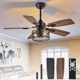 Depuley 42-Inch Ceiling Fans with Lights: Caged Ceiling Fans Dual Finish 5 Blades - Rustic Ceiling Fan with Remote Control for Industrial Living Room Outdoor Patio (E26 Bulb Included)