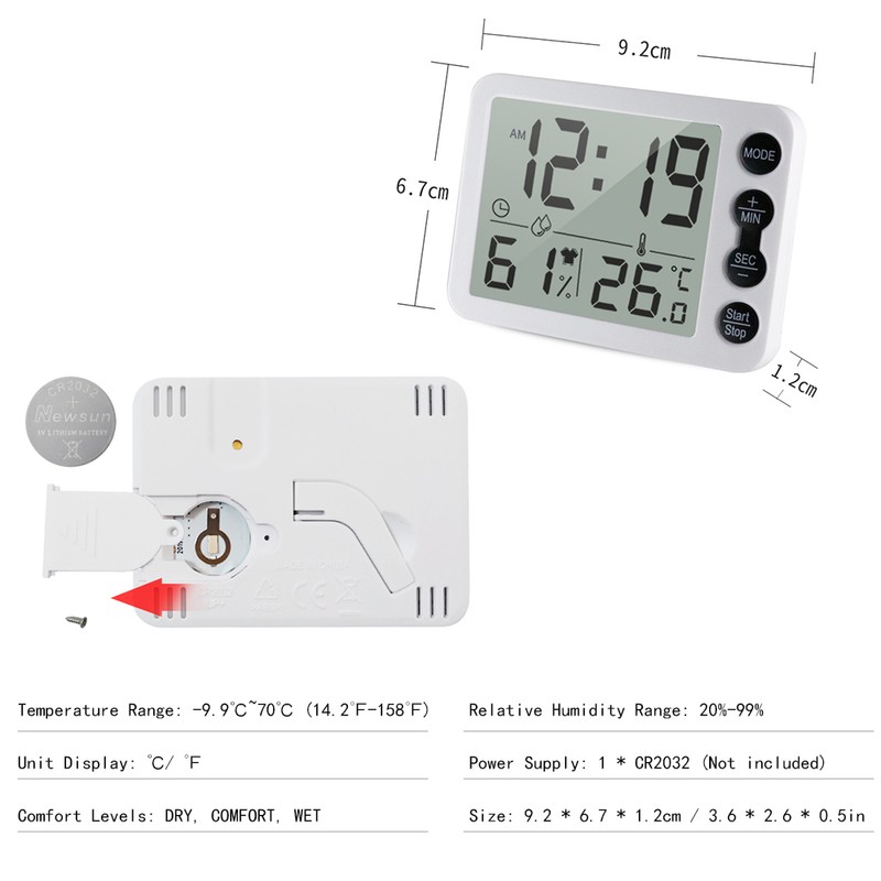 Digital Indoor Thermometer & Hygrometer with Clock LCD Display ℃/