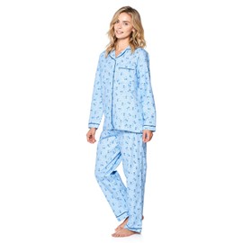 Casual Nights Women's Flannel Long Sleeve Button Down Pajama Set, Blue Floral, M