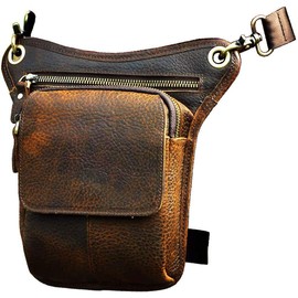 Le'aokuu Mens Genuine Leather Multi-Purpose Racing Drop Leg Bag Motorcycle Outdoor Bike Cycling Waist Bag 211-1 (211-1 Brown li)